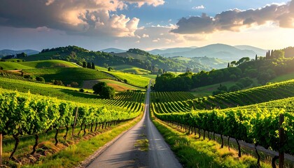 Fototapeta premium Vineyard Vista - A Serene Journey Through Tuscanys Rolling Hills.