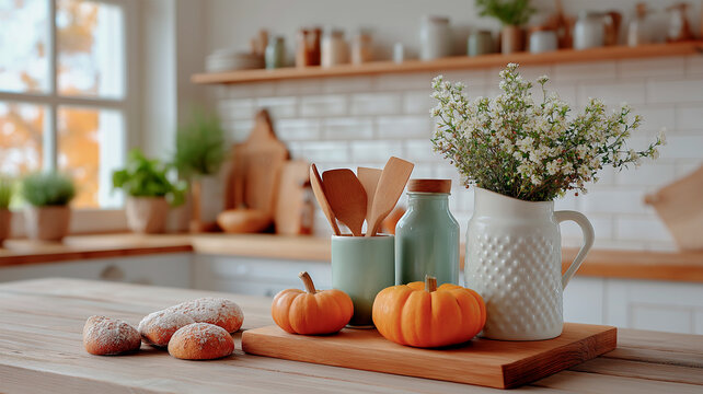 Freshly baked Halloween rolls on the countertop of a bright kitchen with orange pumpkins - Powered by Adobe