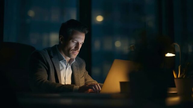 Night Owl's Grind: A dedicated professional immersed in his work at a laptop, illuminated by the soft glow of a desk lamp.