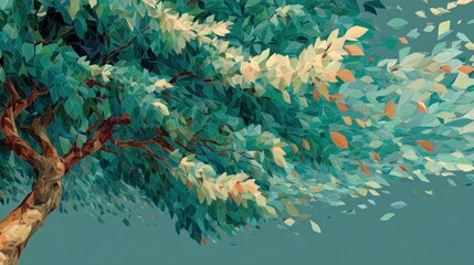 A Vibrant, Geometric Depiction of a Majestic Tree in a Breezy Landscape