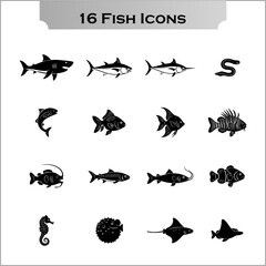 Naklejka premium Fish and Sea Animals Black Silhouette Vector Icons Isolated on Transparent Background. Marine Life and Ocean Creatures Collection.