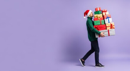 Man wearing Santa hat walking with a stack of Christmas gifts on purple background.