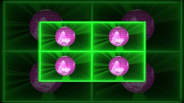 Futuristic design of four pink globes in neon green frames surrounded by outer pink globes, designed for global or digital visuals.Collage Of Four Pink Globes In Neon Green Frames .