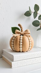 Photorealistic wooden bead pumpkin (warm off-white beads) with thick jute stem, small burlap bow, medium green leaf, on stacked white textured books; white wall, left-side eucalyptus leaves