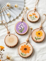 6 wooden slice ornaments with jute strings and wooden beads, 2 slices have light blue and pale pink backgrounds with daisies and cornflowers, light linen fabric background
