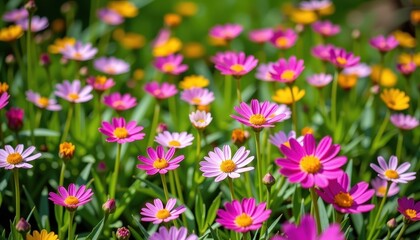 Fototapeta premium Vibrant pink and yellow wildflowers bloom in a sun-drenched springtime meadow, a picturesque natural scene, vibrant, colorful