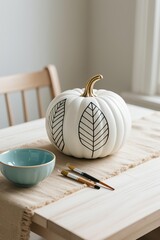 Photorealistic white pumpkin with colorful geometric leaf patterns on light wooden table, teal bowl, burlap, paintbrushes, soft window light, neutral background and chair