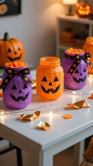 Photorealistic Halloween glass jar lanterns with orange and purple tissue paper, pumpkin face cutouts, warm yellow string lights, black & white striped ribbons