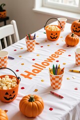 Photorealistic Halloween party table with white cloth, orange gingham cups, crayons, pumpkin buckets, confetti, and soft natural light