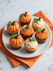 Seven pumpkin-themed cupcakes with orange buttercream swirls, green fondant leaves, and brown stems on a white plate, photorealistic