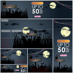 Set of  Halloween Multi Template Vector for poster, name card, cover, thrumpnail profile,  social media, digital video content header,  sale campaign . vector and illustration.