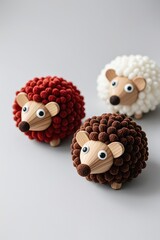 Three hedgehog-shaped plush toys with rust, dark brown, and cream fur, cardboard-like snouts and eyes, on white background, photo-realistic texture