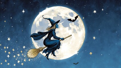 Naklejka premium Magical witch flying across the full moon night sky with bats and stars