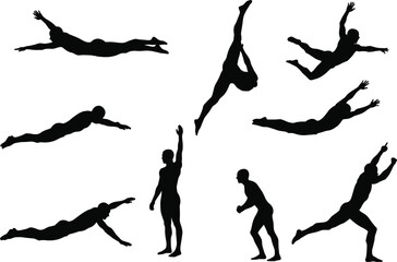 Dynamic human motion silhouettes, athletic poses, dance movement, gymnastics action, circular composition, black figure art, cad drawing flat vector illustration