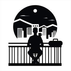 Digital Nomad on Balcony vector silhouette outline logo design concept illustratio
