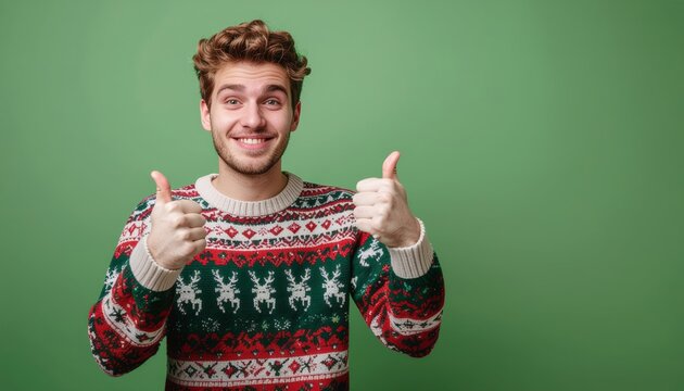 Happy young man wearing christmas sweater giving thumbs up against green background