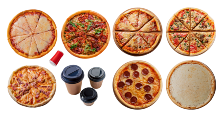 Delicious Variety of Pizzas with Coffee Cups on a Wooden Table, isolated on transparent background