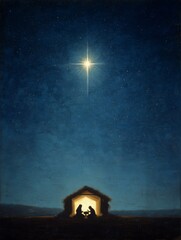 A tranquil nativity scene illuminated by a brilliant star in a dark night sky, capturing the essence of peace, hope, and the birth of a child in a humble stable.