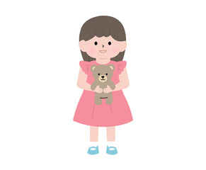Adorable Little Girl Hugging Teddy Bear in Flat Cartoon Style
