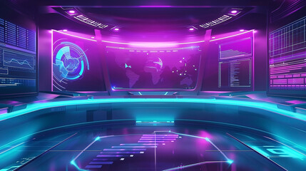 Futuristic command center illuminated with vibrant neon accents and complex data displays