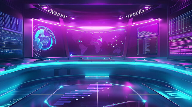 Futuristic command center illuminated with vibrant neon accents and complex data displays - Powered by Adobe