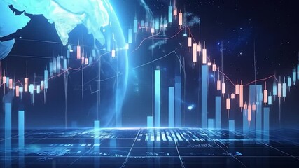 Dynamic global stock market interface with digital candlestick charts, data grids, and glowing Earth - Powered by Adobe