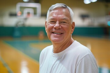 Smiling senior man in basketball gym