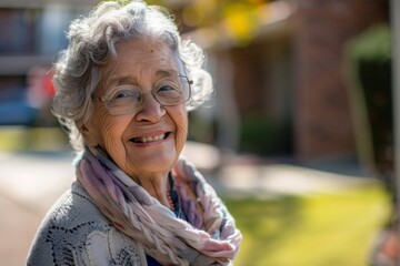 Smiling senior woman outdoors in sunny weather