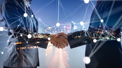Two business people shake hands, overlaid with a glowing network grid and a vibrant nighttime city panorama - Powered by Adobe