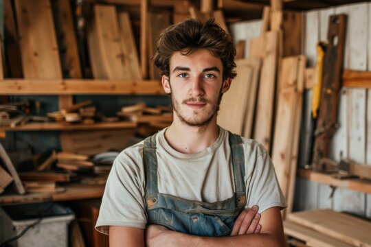 Young man posing confidently in a woodworking shop
