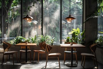 Cozy cafe interior with plants and natural light
