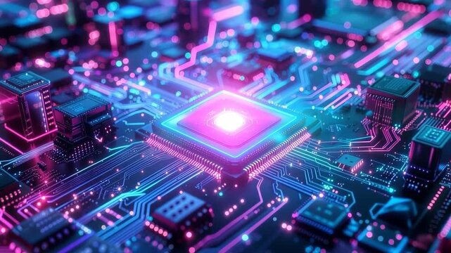 Futuristic motherboard with glowing circuitry and neon lights pulsing around central processor in a high tech environment.