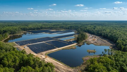Solar farm floats on water, surrounded by lush forest