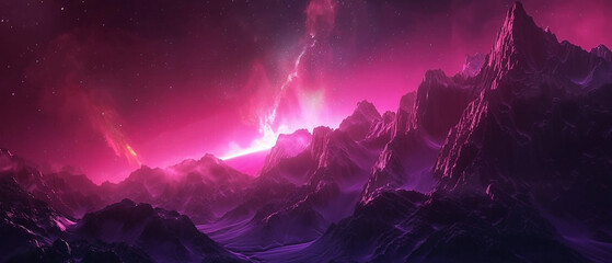 Vivid magenta celestial aurora landscape with mountain ranges and stardust