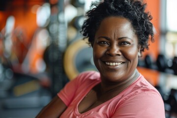 Fototapeta premium Smiling mature woman in gym during workout