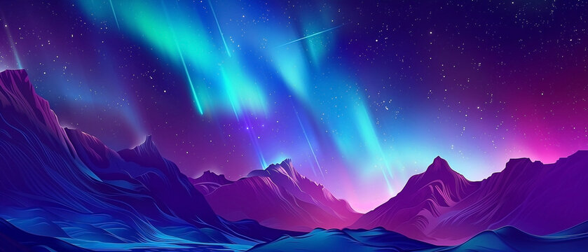 Surreal Aurora Borealis Display Over Jagged Mountain Range at Starry Night