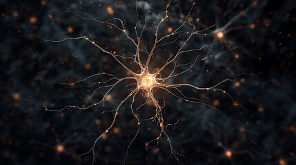 A single, luminous, abstract neuron glowing brightly within a vast, dark, intricate neural network.
