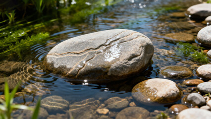  Smooth river stones polished by water flow, showing natural erosion patterns in a shallow stream. travel magazines, destination branding, designed for travel destination branding.

