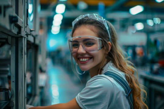 Young woman smiling in a factory environment