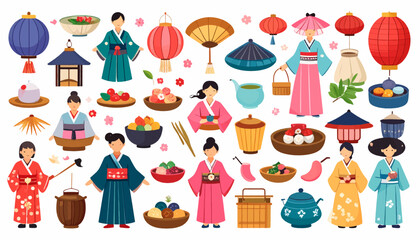 A vibrant assortment of traditional East Asian cultural symbols, showcasing women in kimonos, ornate lanterns, diverse culinary delights, and tea ceremony accessories.