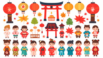 Fototapeta premium A colorful illustration featuring Japanese cultural elements, children, and traditional lanterns.