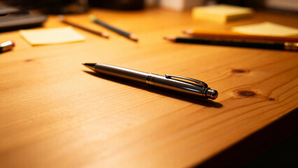 An elegant fountain pen on a wooden surface with warm lighting and minimalist style. lifestyle magazines, social media lookbooks, designed for lifestyle magazines and social media content.
