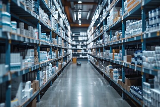Warehouse aisle filled with products and supplies - Powered by Adobe