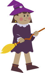 A cartoon witch with purple hat and dress holding a broomstick against a transparent background