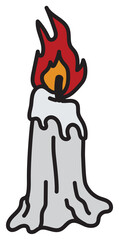A simple illustration of a lit candle with dripping wax and a flame in shades of red and orange against a transparent background