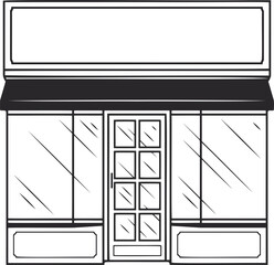 Black and White Sketch of a Storefront with Large Windows and an Awning Detailed Exterior View of a Commercial Building with Transparent Background for Easy Integration