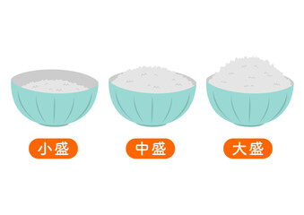 青い茶碗に盛られた色々なサイズの白米のイラストのセット
