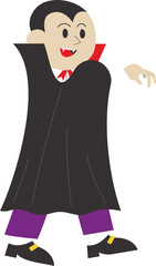 Cartoon illustration of a vampire character wearing a black cape and purple pants with fangs and a red tie for Halloween celebrations