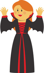 Cartoon Vampire Woman With Orange Hair Red Lace Up Dress And Bat Wing Sleeves On Transparent Background