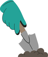 Gardening Glove Holding Small Shovel Digging Into Dark Soil Isolated On White Background
